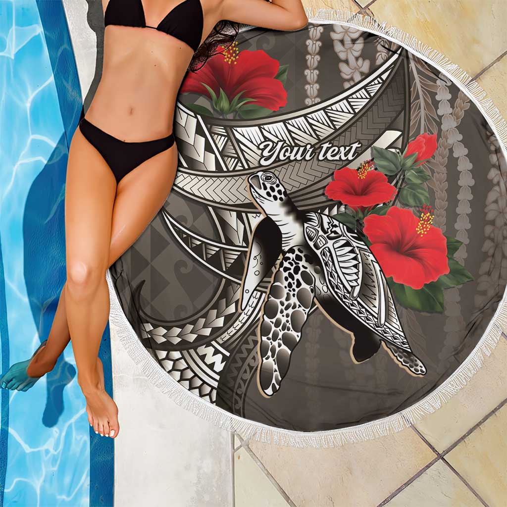 Hawaiian Honu Personalized Beach Blanket Mocha Mousse Hibiscus Tribal Hook Pattern LT9 - Polynesian Pride