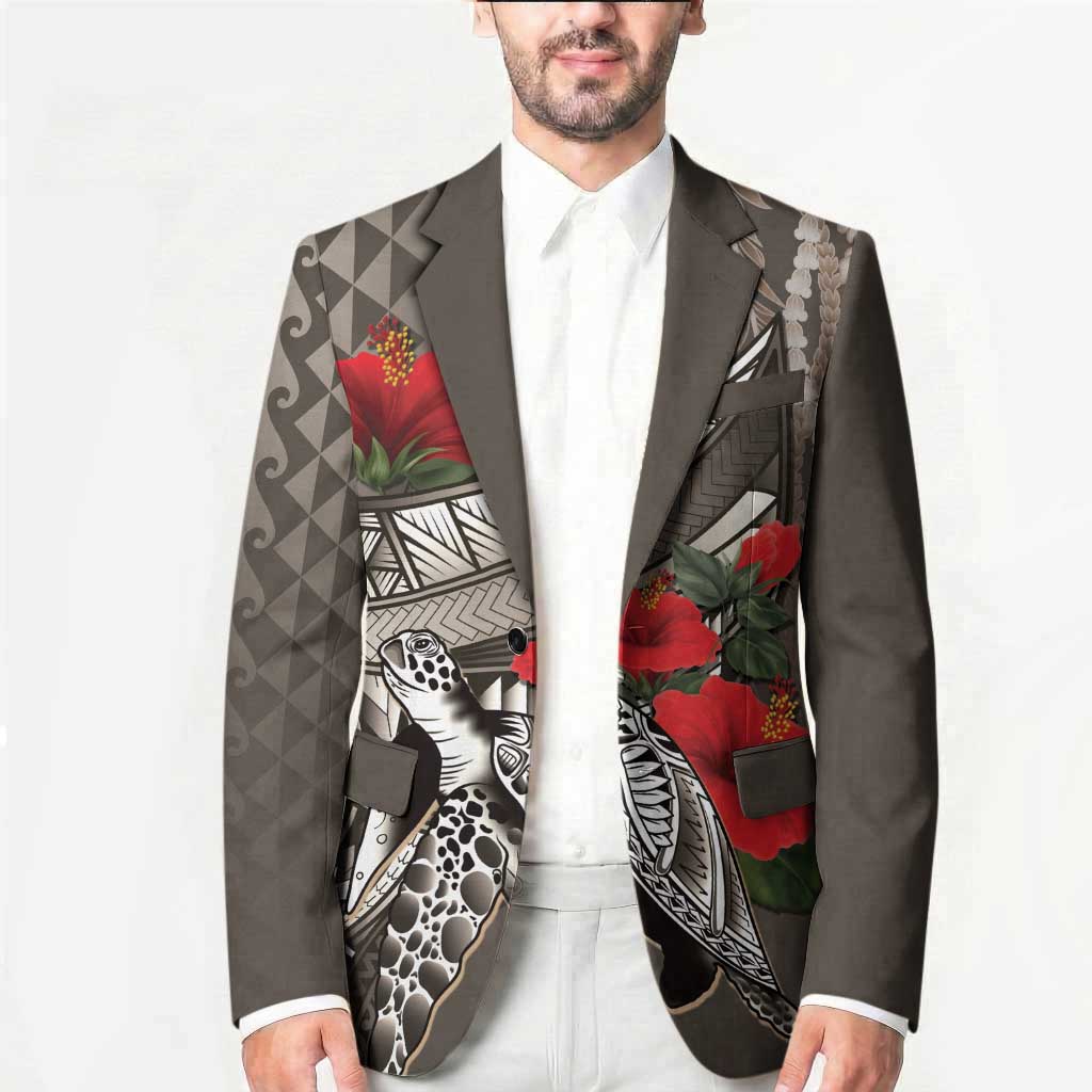 Hawaiian Honu Personalized Blazer Mocha Mousse Hibiscus Tribal Hook Pattern LT9 - Polynesian Pride