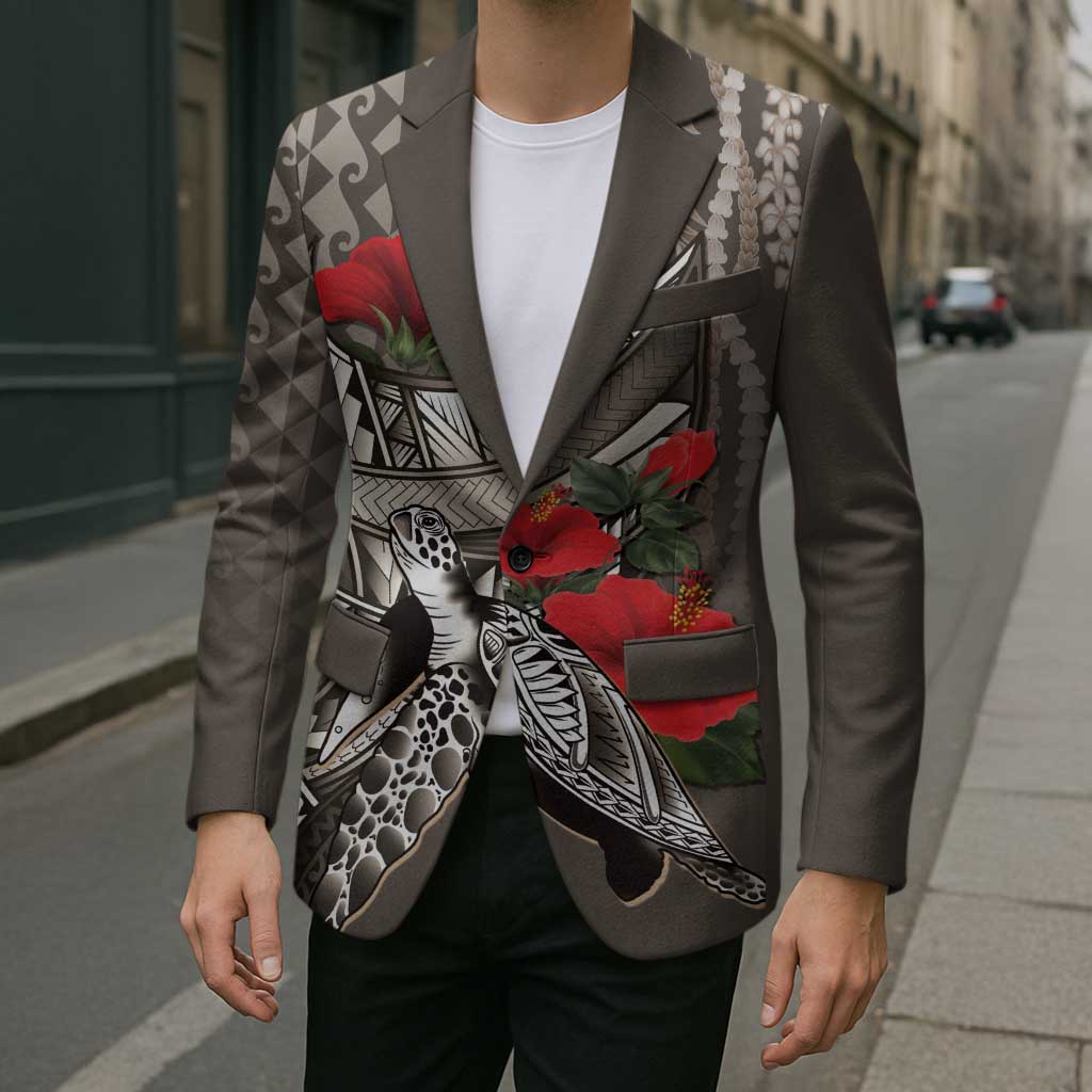 Hawaiian Honu Personalized Blazer Mocha Mousse Hibiscus Tribal Hook Pattern LT9 - Polynesian Pride