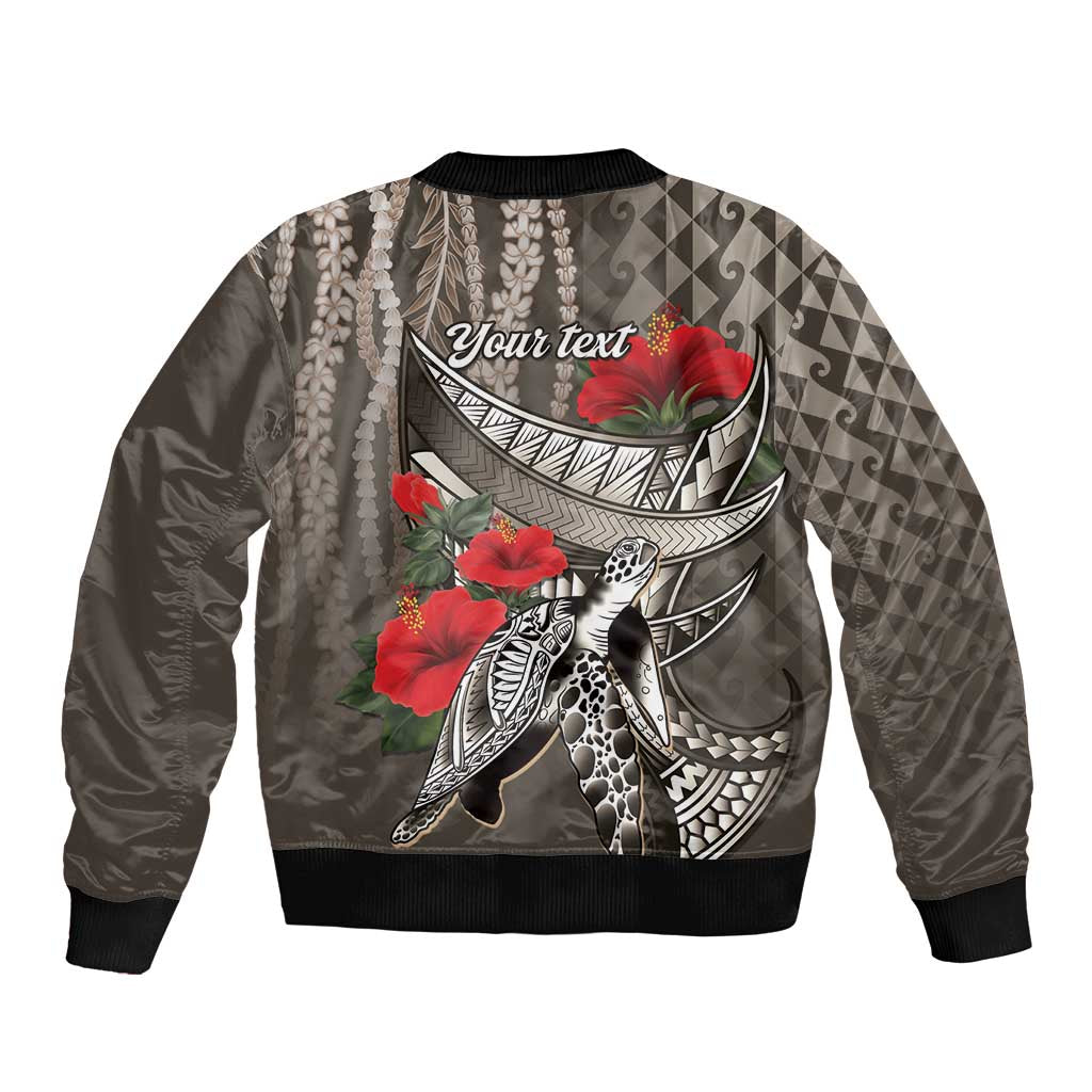 Hawaiian Honu Personalized Bomber Jacket Mocha Mousse Hibiscus Tribal Hook Pattern LT9 - Polynesian Pride