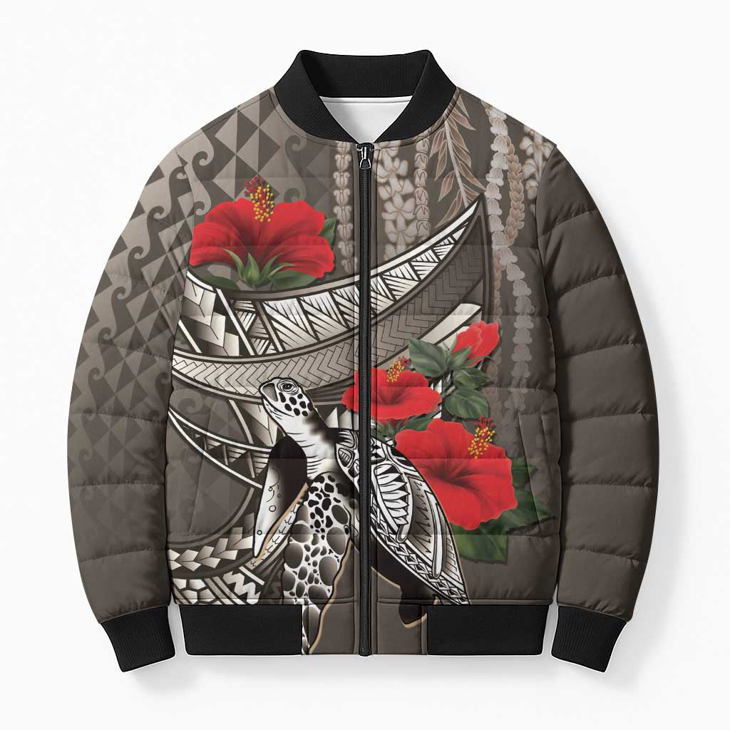 Hawaiian Honu Personalized Bomber Puffer Jacket Mocha Mousse Hibiscus Tribal Hook Pattern LT9 Unisex Mocha - Polynesian Pride