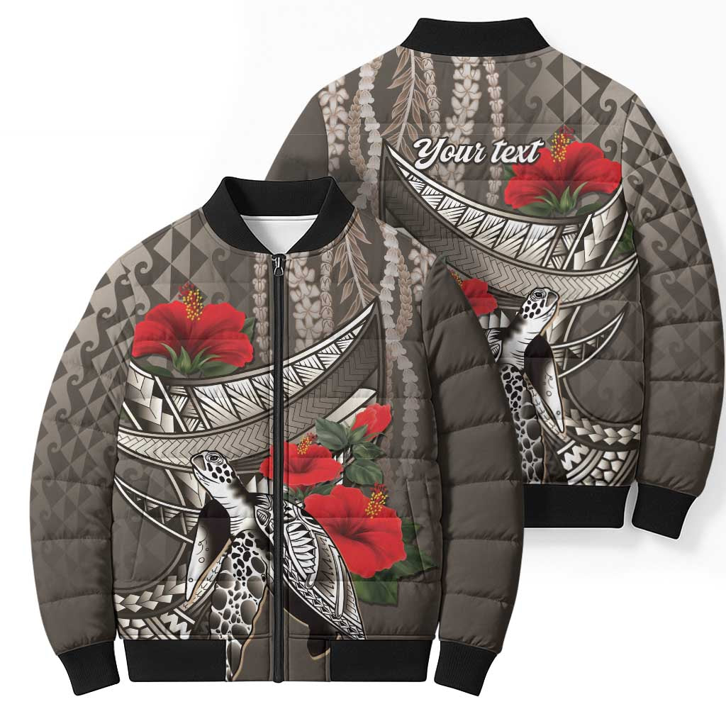 Hawaiian Honu Personalized Bomber Puffer Jacket Mocha Mousse Hibiscus Tribal Hook Pattern LT9 - Polynesian Pride