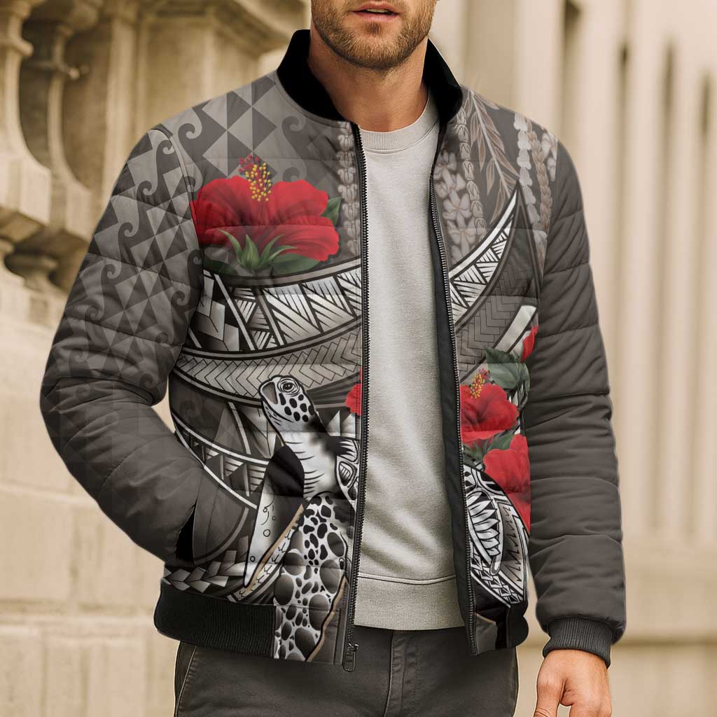 Hawaiian Honu Personalized Bomber Puffer Jacket Mocha Mousse Hibiscus Tribal Hook Pattern LT9 - Polynesian Pride
