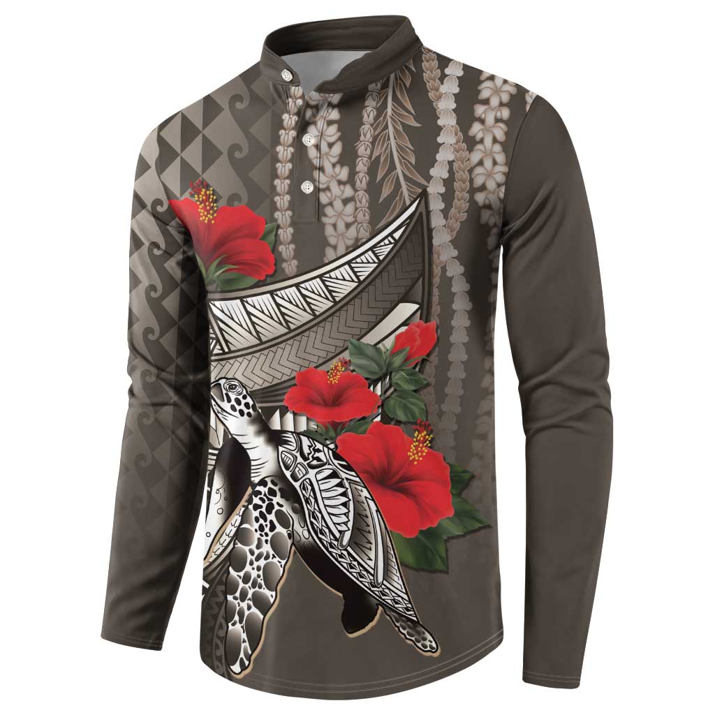 Hawaiian Honu Personalized Button Sweatshirt Mocha Mousse Hibiscus Tribal Hook Pattern LT9 - Polynesian Pride
