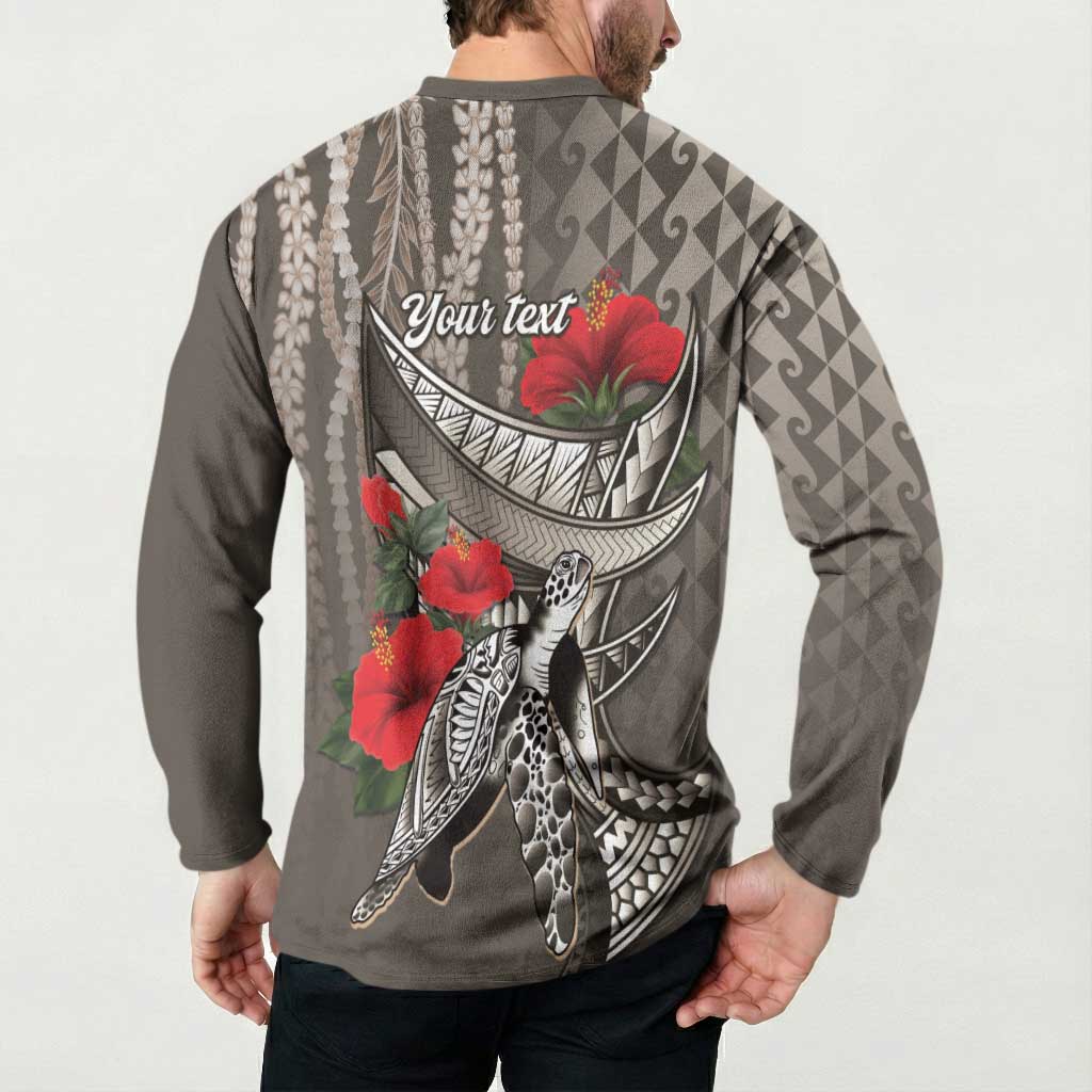 Hawaiian Honu Personalized Button Sweatshirt Mocha Mousse Hibiscus Tribal Hook Pattern LT9 - Polynesian Pride