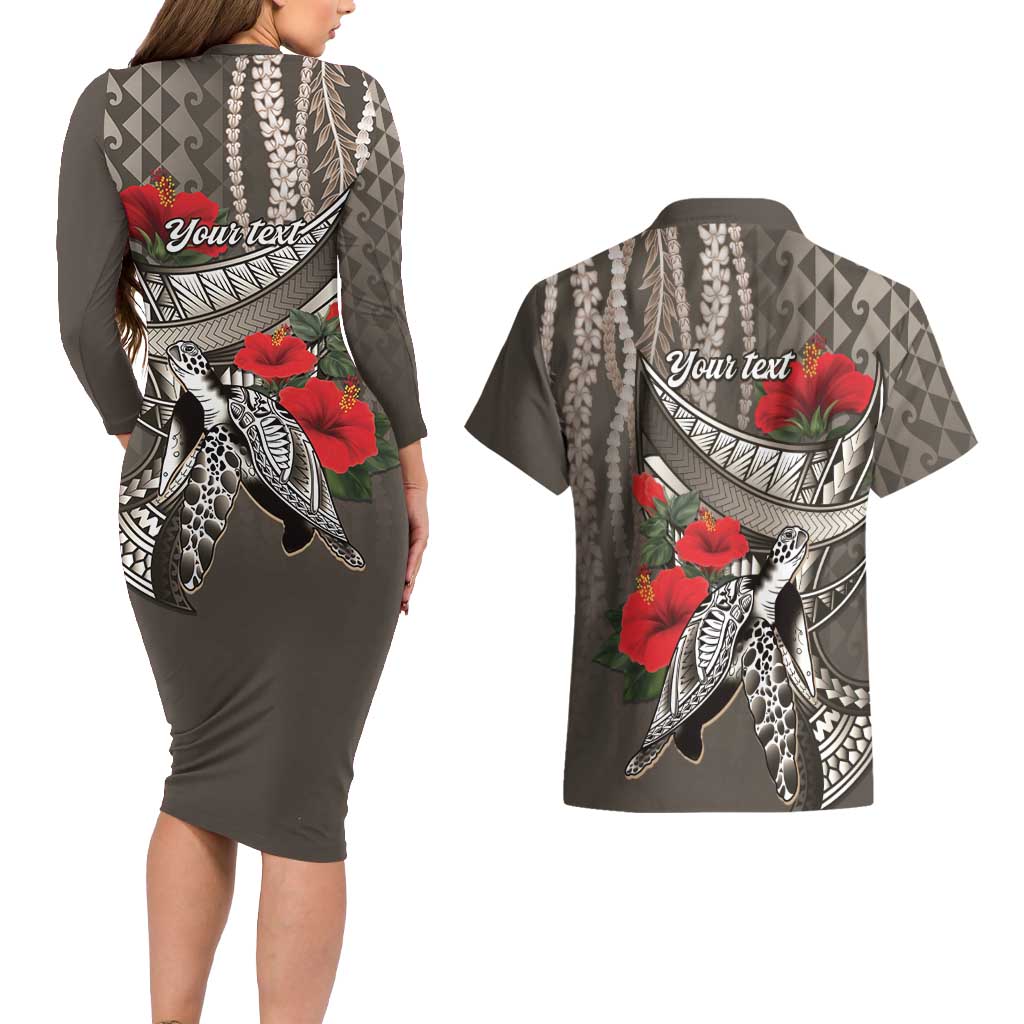 Hawaiian Honu Personalized Couples Matching Long Sleeve Bodycon Dress and Hawaiian Shirt Mocha Mousse Hibiscus Tribal Hook Pattern LT9 - Polynesian Pride