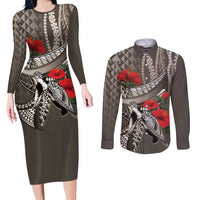 Hawaiian Honu Personalized Couples Matching Long Sleeve Bodycon Dress and Long Sleeve Button Shirt Mocha Mousse Hibiscus Tribal Hook Pattern LT9 Mocha - Polynesian Pride