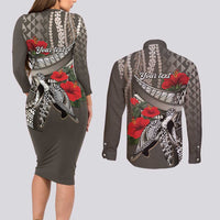 Hawaiian Honu Personalized Couples Matching Long Sleeve Bodycon Dress and Long Sleeve Button Shirt Mocha Mousse Hibiscus Tribal Hook Pattern LT9 - Polynesian Pride