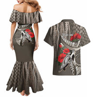 Hawaiian Honu Personalized Couples Matching Mermaid Dress and Hawaiian Shirt Mocha Mousse Hibiscus Tribal Hook Pattern LT9 - Polynesian Pride