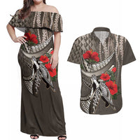 Hawaiian Honu Personalized Couples Matching Off Shoulder Maxi Dress and Hawaiian Shirt Mocha Mousse Hibiscus Tribal Hook Pattern LT9 Mocha - Polynesian Pride