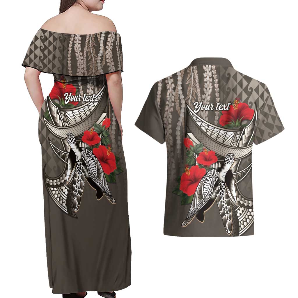 Hawaiian Honu Personalized Couples Matching Off Shoulder Maxi Dress and Hawaiian Shirt Mocha Mousse Hibiscus Tribal Hook Pattern LT9 - Polynesian Pride