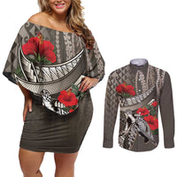 Hawaiian Honu Personalized Couples Matching Off Shoulder Short Dress and Long Sleeve Button Shirt Mocha Mousse Hibiscus Tribal Hook Pattern LT9 Mocha - Polynesian Pride