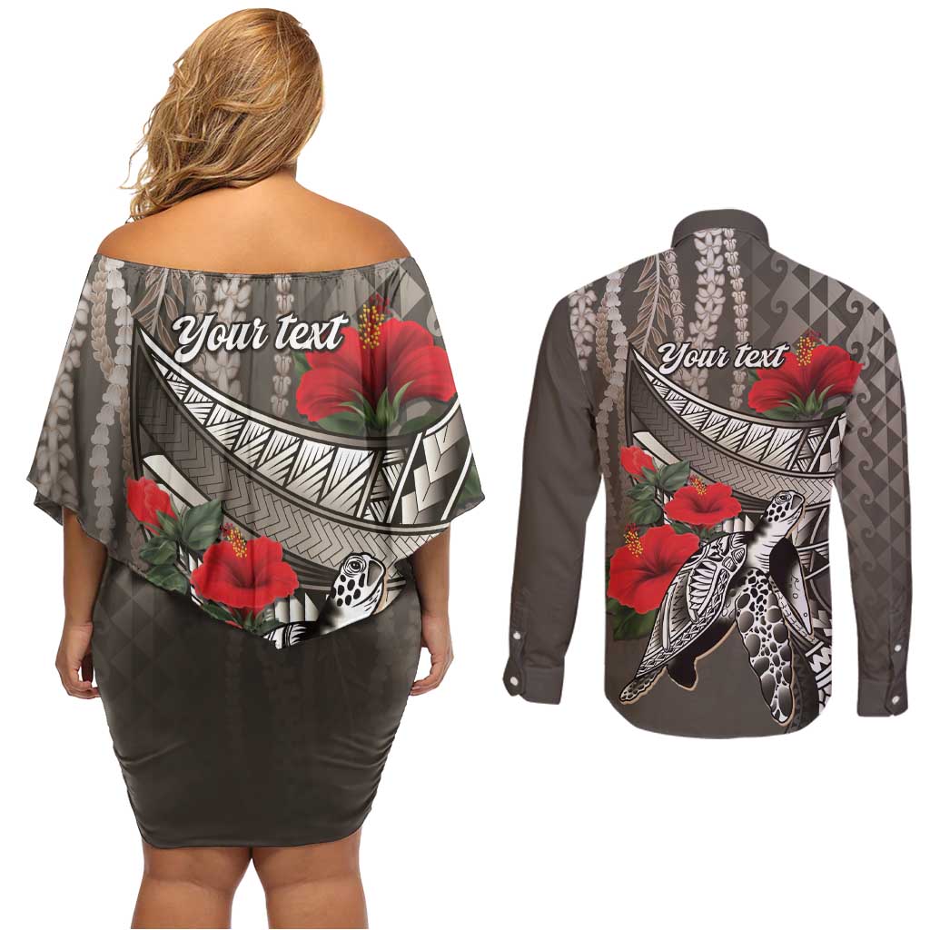 Hawaiian Honu Personalized Couples Matching Off Shoulder Short Dress and Long Sleeve Button Shirt Mocha Mousse Hibiscus Tribal Hook Pattern LT9 - Polynesian Pride