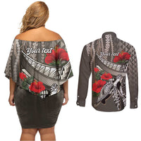 Hawaiian Honu Personalized Couples Matching Off Shoulder Short Dress and Long Sleeve Button Shirt Mocha Mousse Hibiscus Tribal Hook Pattern LT9 - Polynesian Pride