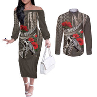 Hawaiian Honu Personalized Couples Matching Off The Shoulder Long Sleeve Dress and Long Sleeve Button Shirt Mocha Mousse Hibiscus Tribal Hook Pattern LT9 Mocha - Polynesian Pride