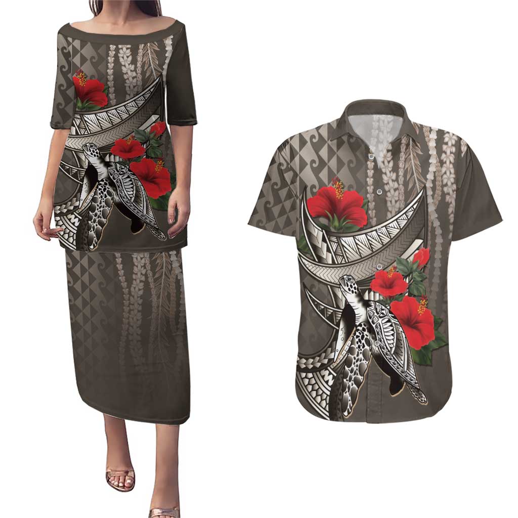 Hawaiian Honu Personalized Couples Matching Puletasi and Hawaiian Shirt Mocha Mousse Hibiscus Tribal Hook Pattern LT9 Mocha - Polynesian Pride