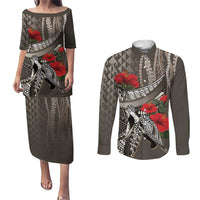 Hawaiian Honu Personalized Couples Matching Puletasi and Long Sleeve Button Shirt Mocha Mousse Hibiscus Tribal Hook Pattern LT9 Mocha - Polynesian Pride