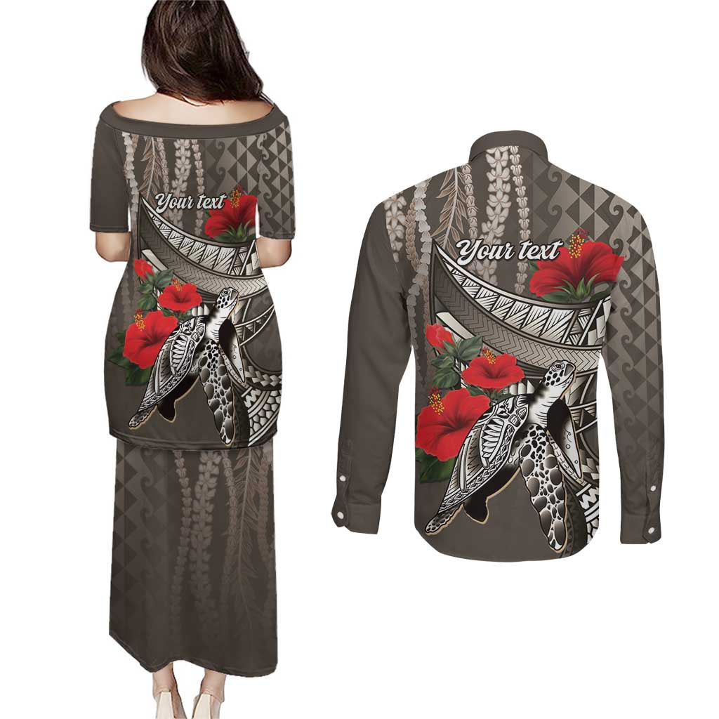 Hawaiian Honu Personalized Couples Matching Puletasi and Long Sleeve Button Shirt Mocha Mousse Hibiscus Tribal Hook Pattern LT9 - Polynesian Pride