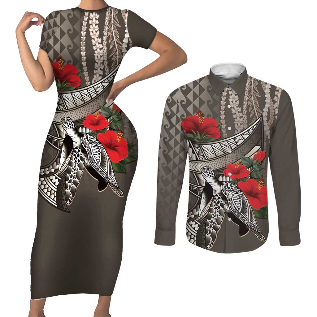 Hawaiian Honu Personalized Couples Matching Short Sleeve Bodycon Dress and Long Sleeve Button Shirt Mocha Mousse Hibiscus Tribal Hook Pattern LT9 Mocha - Polynesian Pride