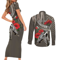 Hawaiian Honu Personalized Couples Matching Short Sleeve Bodycon Dress and Long Sleeve Button Shirt Mocha Mousse Hibiscus Tribal Hook Pattern LT9 - Polynesian Pride
