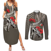 Hawaiian Honu Personalized Couples Matching Summer Maxi Dress and Long Sleeve Button Shirt Mocha Mousse Hibiscus Tribal Hook Pattern LT9 Mocha - Polynesian Pride