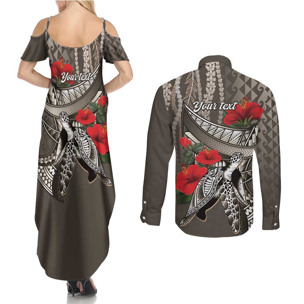 Hawaiian Honu Personalized Couples Matching Summer Maxi Dress and Long Sleeve Button Shirt Mocha Mousse Hibiscus Tribal Hook Pattern LT9 - Polynesian Pride