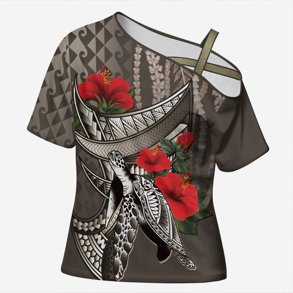 Hawaiian Honu Personalized Cross Shoulder Shirt Mocha Mousse Hibiscus Tribal Hook Pattern LT9 Female Mocha - Polynesian Pride