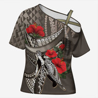 Hawaiian Honu Personalized Cross Shoulder Shirt Mocha Mousse Hibiscus Tribal Hook Pattern LT9 Female Mocha - Polynesian Pride