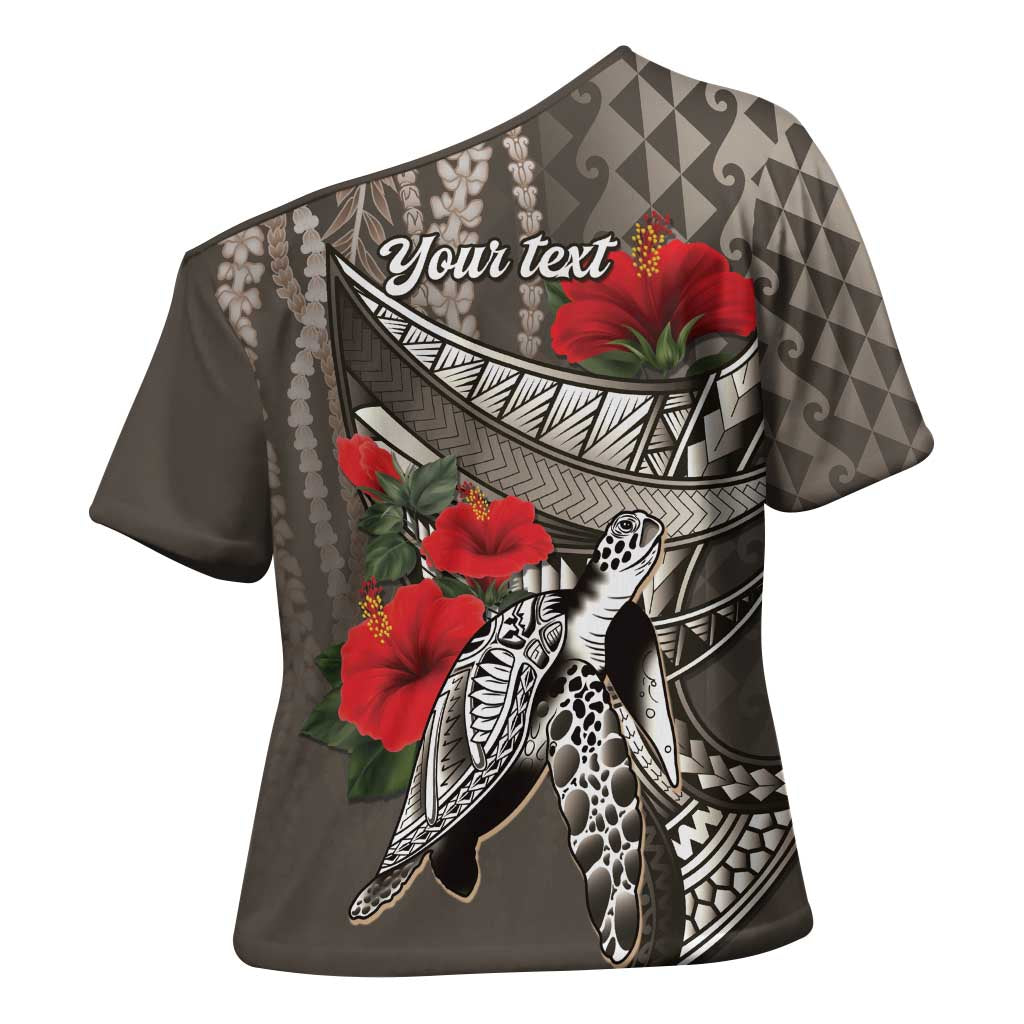 Hawaiian Honu Personalized Cross Shoulder Shirt Mocha Mousse Hibiscus Tribal Hook Pattern LT9 - Polynesian Pride
