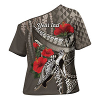 Hawaiian Honu Personalized Cross Shoulder Shirt Mocha Mousse Hibiscus Tribal Hook Pattern LT9 - Polynesian Pride