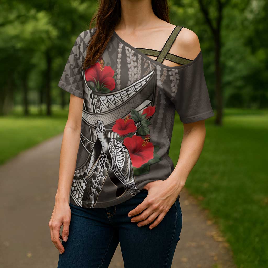 Hawaiian Honu Personalized Cross Shoulder Shirt Mocha Mousse Hibiscus Tribal Hook Pattern LT9 - Polynesian Pride
