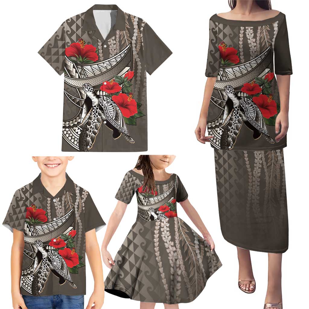 Hawaiian Honu Personalized Family Matching Puletasi and Hawaiian Shirt Mocha Mousse Hibiscus Tribal Hook Pattern LT9 - Polynesian Pride