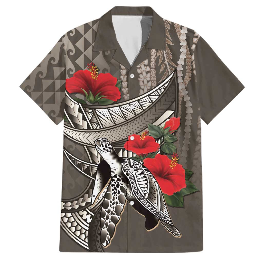 Hawaiian Honu Personalized Family Matching Puletasi and Hawaiian Shirt Mocha Mousse Hibiscus Tribal Hook Pattern LT9 Dad's Shirt - Short Sleeve Mocha - Polynesian Pride