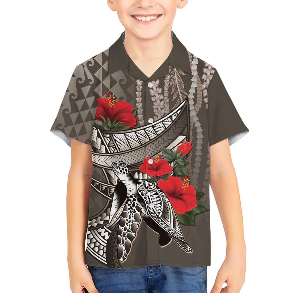 Hawaiian Honu Personalized Family Matching Puletasi and Hawaiian Shirt Mocha Mousse Hibiscus Tribal Hook Pattern LT9 Son's Shirt Mocha - Polynesian Pride