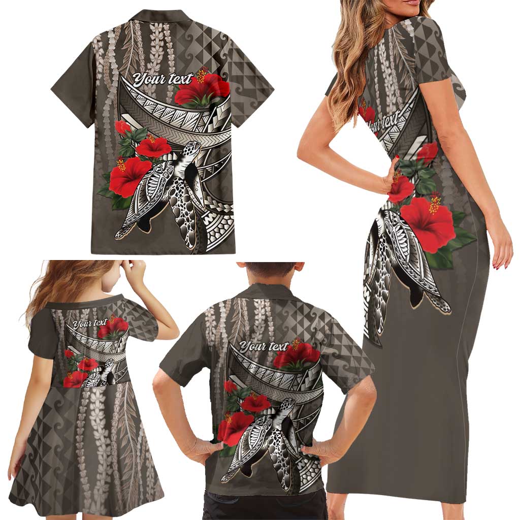 Hawaiian Honu Personalized Family Matching Short Sleeve Bodycon Dress and Hawaiian Shirt Mocha Mousse Hibiscus Tribal Hook Pattern
