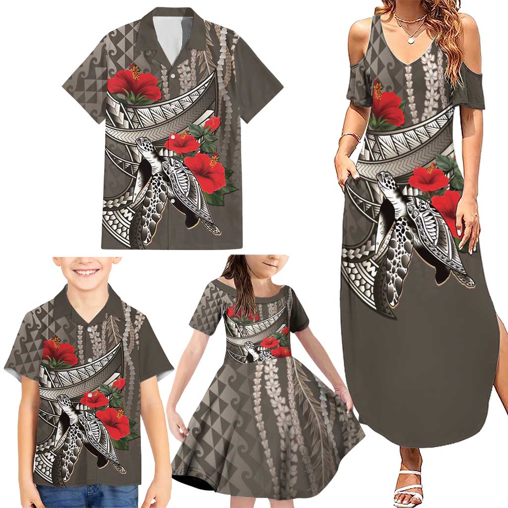 Hawaiian Honu Personalized Family Matching Summer Maxi Dress and Hawaiian Shirt Mocha Mousse Hibiscus Tribal Hook Pattern LT9 - Polynesian Pride