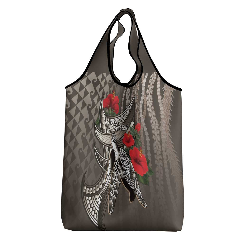 Hawaiian Honu Personalized Grocery Bag Mocha Mousse Hibiscus Tribal Hook Pattern LT9 - Polynesian Pride