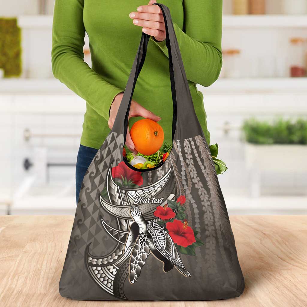 Hawaiian Honu Personalized Grocery Bag Mocha Mousse Hibiscus Tribal Hook Pattern LT9 - Polynesian Pride