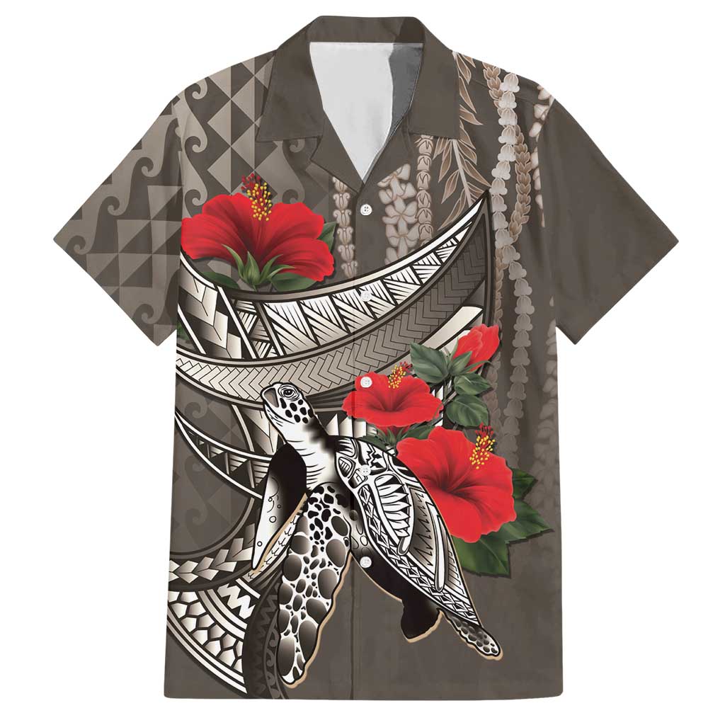 Hawaiian Honu Personalized Hawaiian Shirt Mocha Mousse Hibiscus Tribal Hook Pattern LT9 Mocha - Polynesian Pride