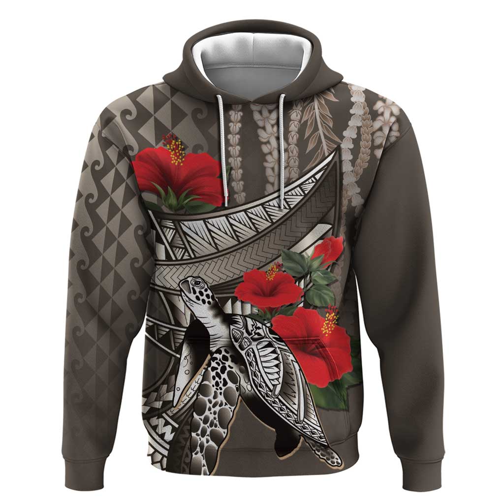 Hawaiian Honu Personalized Hoodie Mocha Mousse Hibiscus Tribal Hook Pattern LT9 Pullover Hoodie Mocha - Polynesian Pride