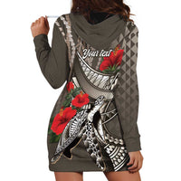Hawaiian Honu Personalized Hoodie Dress Mocha Mousse Hibiscus Tribal Hook Pattern LT9 - Polynesian Pride