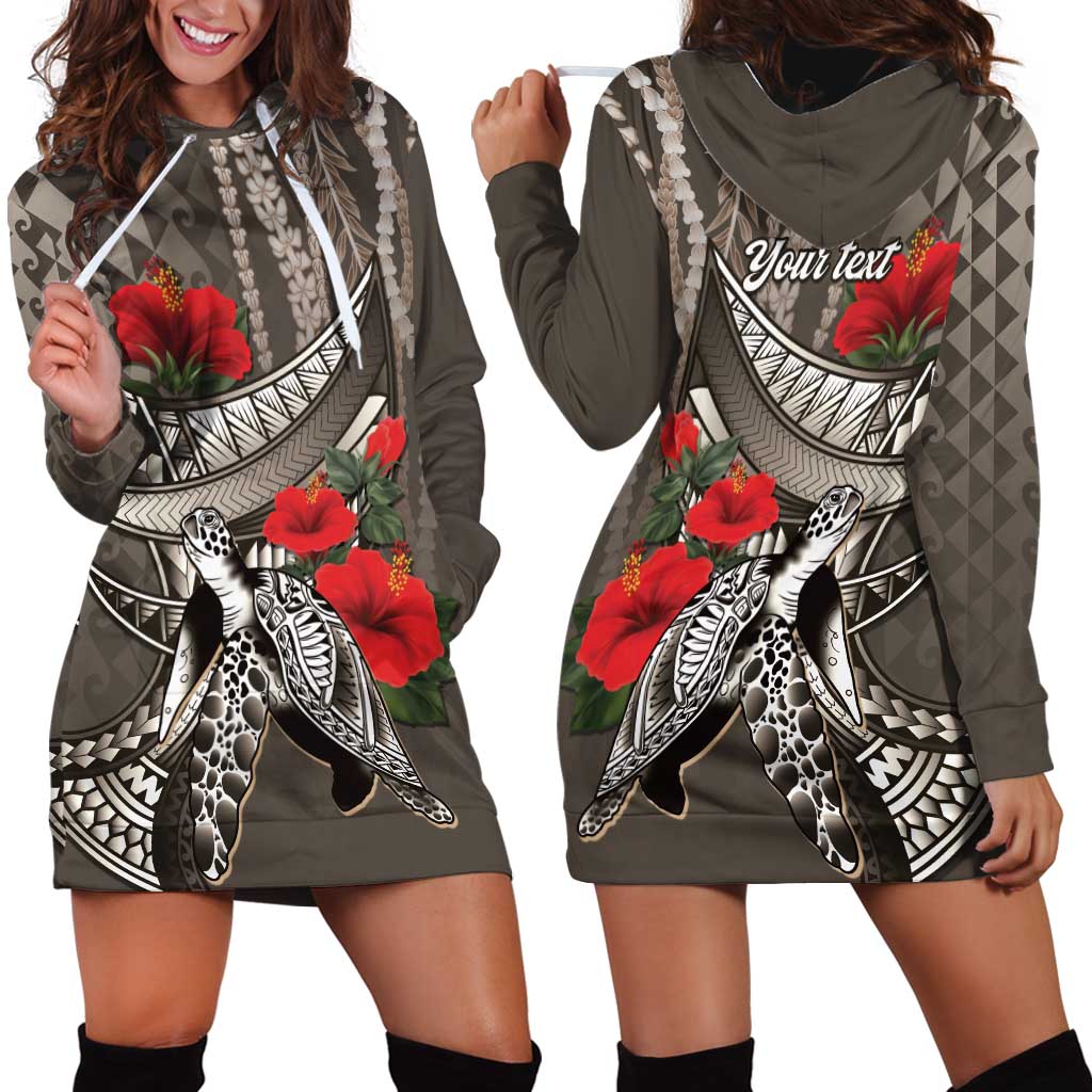 Hawaiian Honu Personalized Hoodie Dress Mocha Mousse Hibiscus Tribal Hook Pattern LT9 - Polynesian Pride