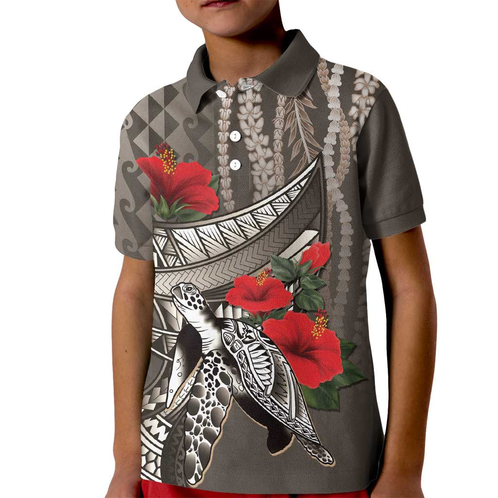 Hawaiian Honu Personalized Kid Polo Shirt Mocha Mousse Hibiscus Tribal Hook Pattern LT9 Kid Mocha - Polynesian Pride