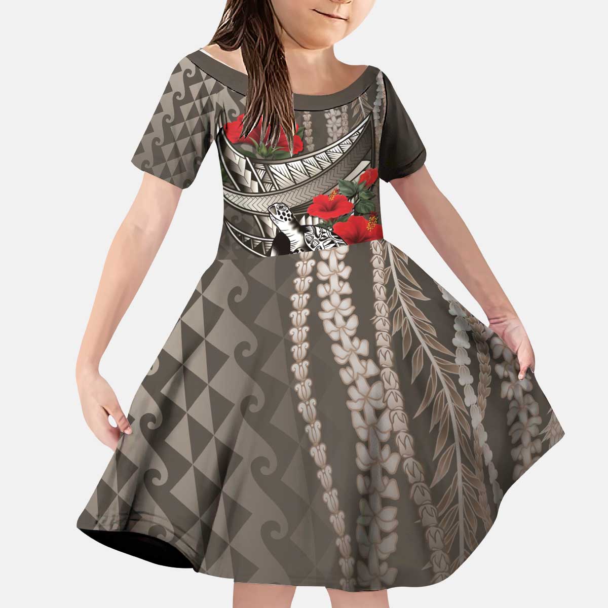 Hawaiian Honu Personalized Kid Short Sleeve Dress Mocha Mousse Hibiscus Tribal Hook Pattern LT9 KID Mocha - Polynesian Pride