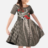 Hawaiian Honu Personalized Kid Short Sleeve Dress Mocha Mousse Hibiscus Tribal Hook Pattern LT9 KID Mocha - Polynesian Pride