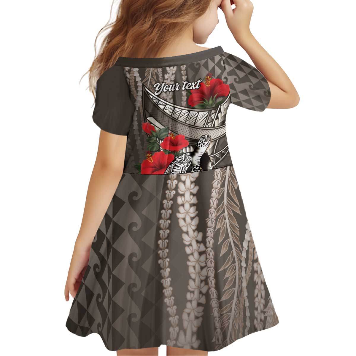Hawaiian Honu Personalized Kid Short Sleeve Dress Mocha Mousse Hibiscus Tribal Hook Pattern LT9 - Polynesian Pride