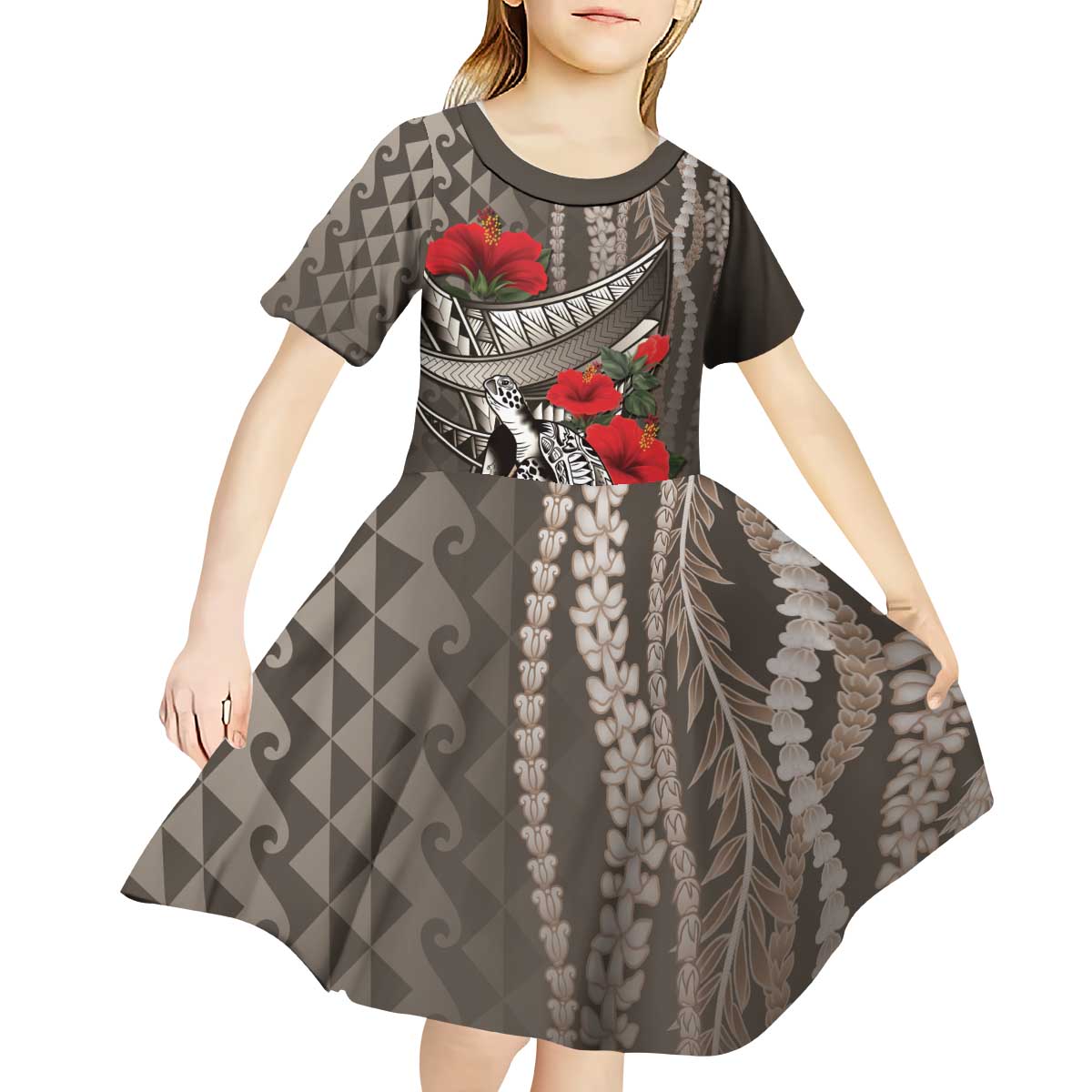 Hawaiian Honu Personalized Kid Short Sleeve Dress Mocha Mousse Hibiscus Tribal Hook Pattern LT9 - Polynesian Pride