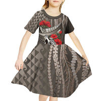 Hawaiian Honu Personalized Kid Short Sleeve Dress Mocha Mousse Hibiscus Tribal Hook Pattern LT9 - Polynesian Pride