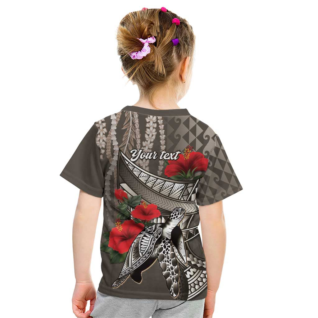 Hawaiian Honu Personalized Kid T Shirt Mocha Mousse Hibiscus Tribal Hook Pattern LT9 - Polynesian Pride