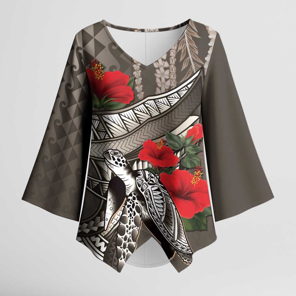 Hawaiian Honu Personalized Kimono Sleeve Blouse Mocha Mousse Hibiscus Tribal Hook Pattern LT9 Female Mocha - Polynesian Pride